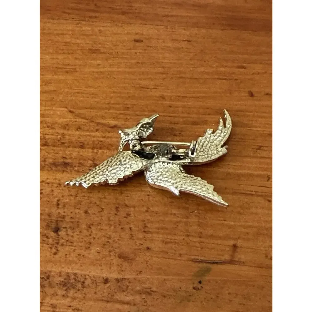Vintage Phoenix Bird Rhinestone Brooch Gold Tone Black Enamel Figural Pin